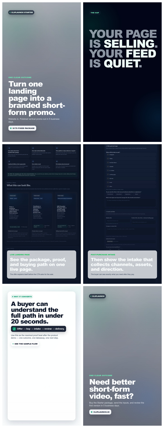 Contact sheet of the ClipLaunch website-led sample video